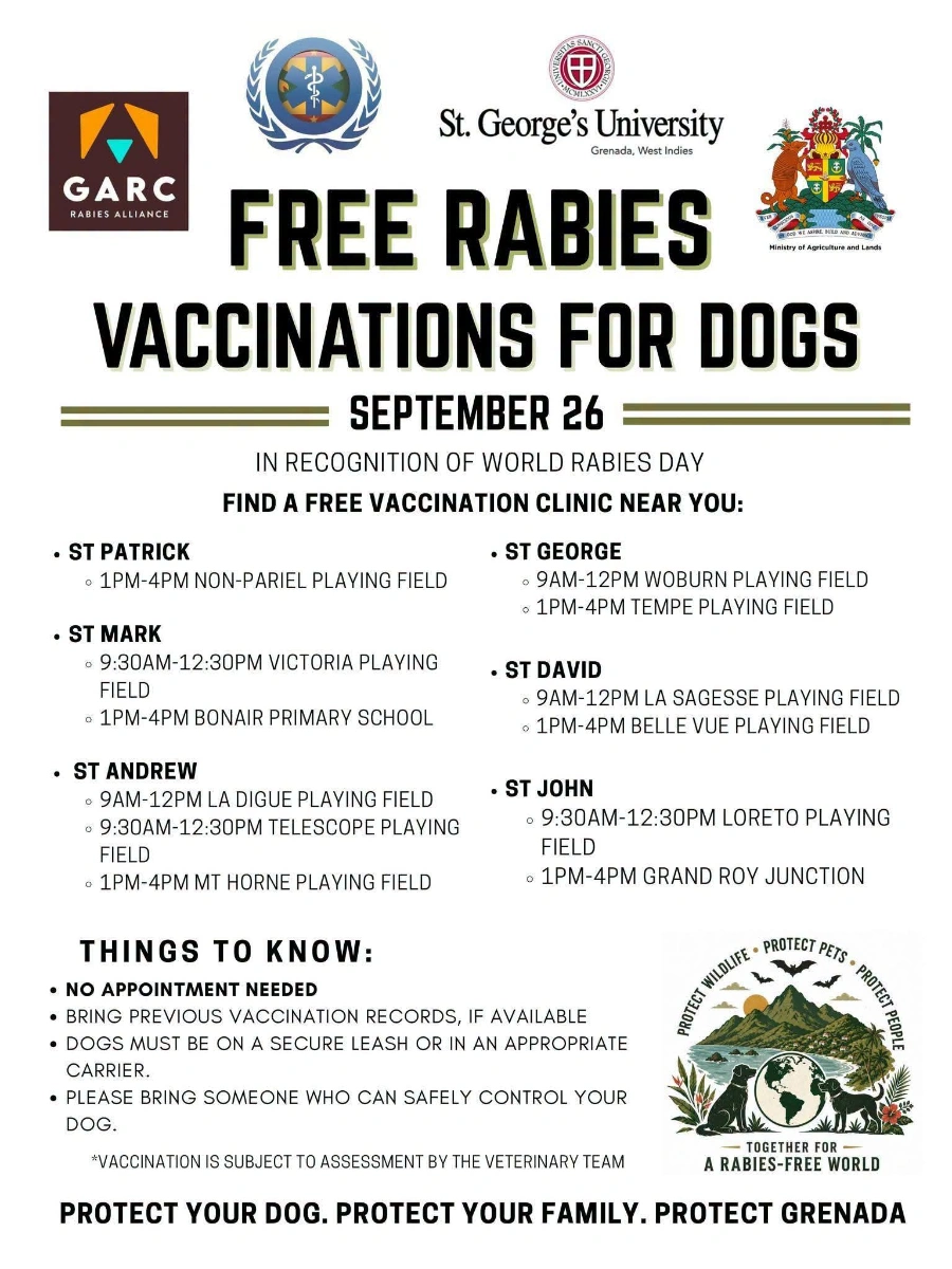 Free Rabies Vaccination Clinics for Dogs Across Grenada on Sept 26